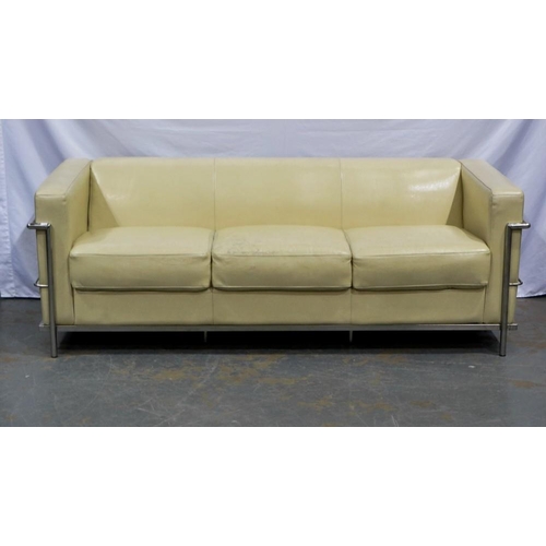 2155 - Le Corbusier style three seat sofa with stainless steel frame, L: 198 cm. Not available for in-house... 