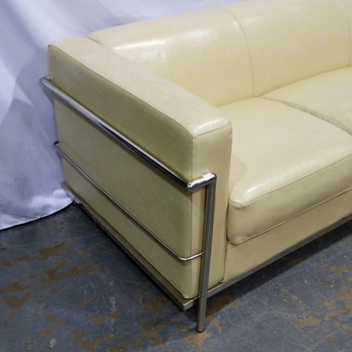 2155 - Le Corbusier style three seat sofa with stainless steel frame, L: 198 cm. Not available for in-house... 