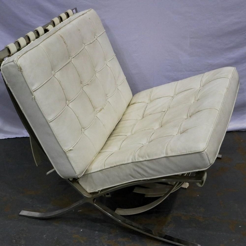 2157 - Mies Van De Rohe Barcelona style chair, leather straps are perished, L: 80 cm. Not available for in-... 