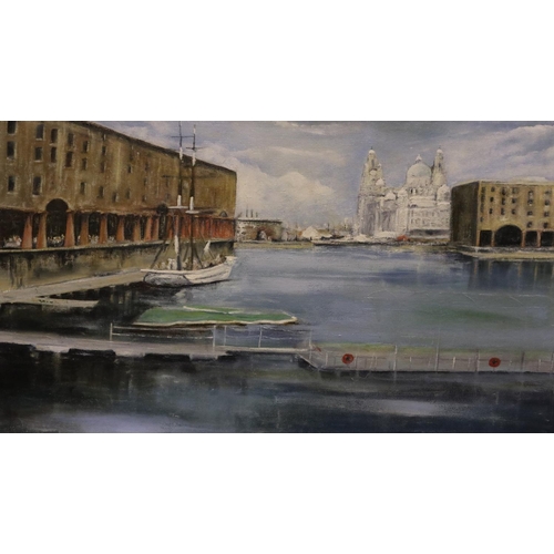 2085 - Carol Anne Eaves British contemporary oil on board Albert Dock Liverpool, 40 x 75 cm. Not available ... 