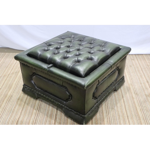 2138 - Large square button upholstered green leather storage stool, 63 x 63 cm. Not available for in-house ... 