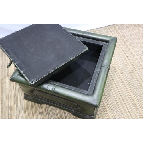 2138 - Large square button upholstered green leather storage stool, 63 x 63 cm. Not available for in-house ... 