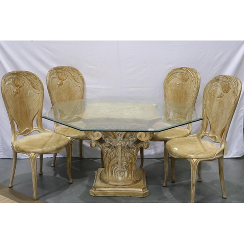 2165 - Octagonal glass top lined oak table with four hand carved chairs, D: 132 cm. Not available for in-ho... 