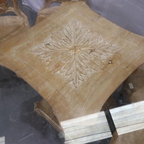 2165 - Octagonal glass top lined oak table with four hand carved chairs, D: 132 cm. Not available for in-ho... 