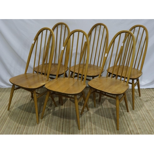 2167 - Set of six Ercol stickback dining chairs, seats of the chairs are not split, the back of one has a c... 