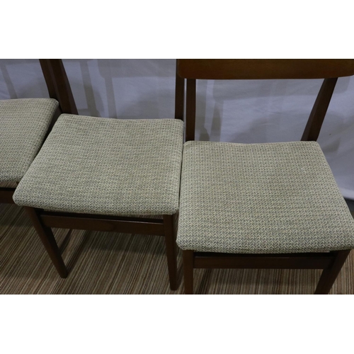 2172 - Set of four teak dining chairs with re upholstered fabric seats. Not available for in-house P&P