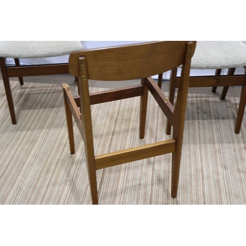 2172 - Set of four teak dining chairs with re upholstered fabric seats. Not available for in-house P&P