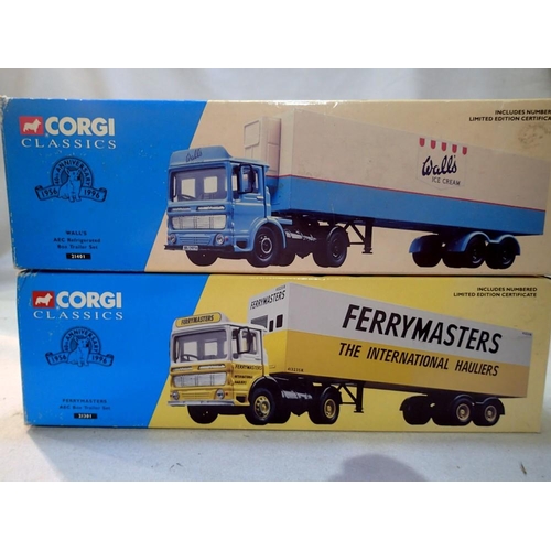 2075 - Two Corgi big trucks, 21301 AEC with box trailer Ferrymasters, 21401 AEC with fridge trailer Walls. ... 