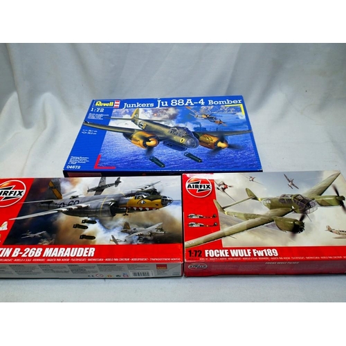 2106 - Three 1/72 scale aircraft kits to include Airfix Marauder and FW189, and Revell JV88 A-4, all appear... 
