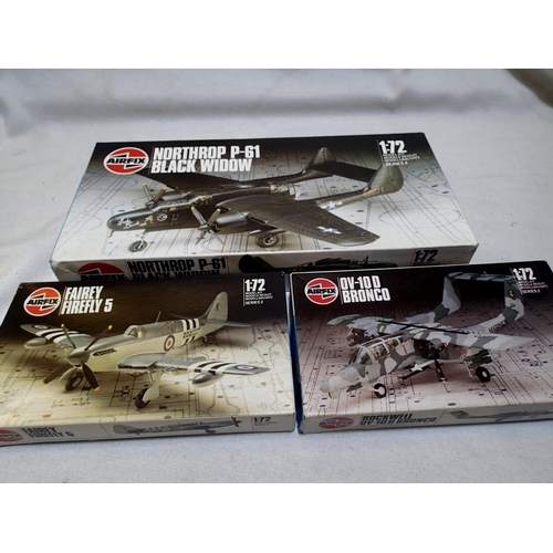 2109 - Three Airfix 1/72 scale aircraft kits to include Rockwell Bronco, Fairey Firefly and Black Widow, al... 