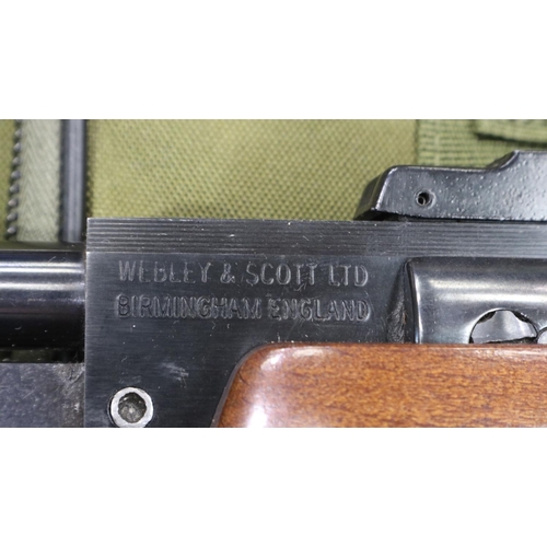 2107 - Webley Omega .22 calibre air rifle, adjustable butt pad, 4 x 12 scope, one piece mount, optic is cle... 