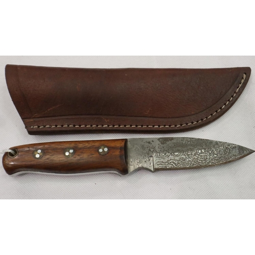 2137 - Perkins custom knife with Damascus steel blade and leather sheath. P&P Group 2 (£18+VAT for the firs... 