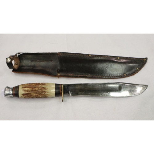 2143 - J Nowill and Sons Sheffield Bowie knife with antler grip and leather sheath. P&P Group 2 (£18+VAT fo... 