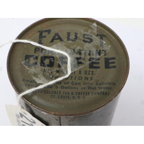 2194 - WWII American army issue 8oz can of Faust Instant Coffee. Several 1944 crates of these were found re... 