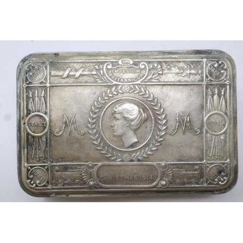 2197 - WWI silver plated Princess Mary Christmas gift tin. P&P Group 2 (£18+VAT for the first lot and £3+VA... 