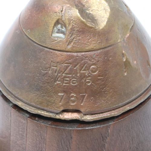 2245 - INERT WWI German HZ140 fuse found in Ypres, later mounted on a plinth. P&P Group 2 (£18+VAT for the ... 