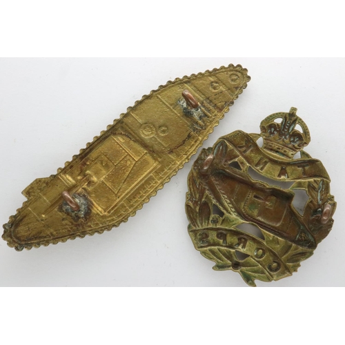 2298 - Royal Tank Regiment WWI sleeve badge, with a WWI Tank Corps cap badge (2). P&P Group 1 (£14+VAT for ... 