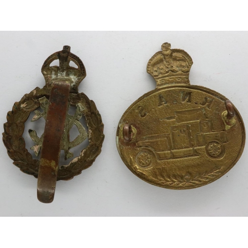 2314 - British WWI Army Veterinary Corps cap badge and an Royal Navy Air Service Armoured Division example ... 