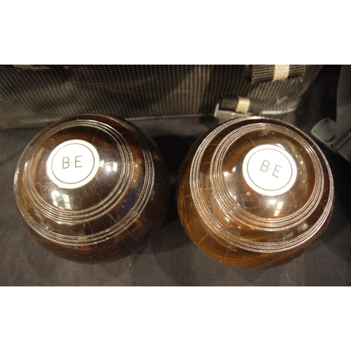 2160A - Polished lignum vitae boules balls with carry cases, initialled B.E. P&P Group 2 (£18+VAT for the fi... 