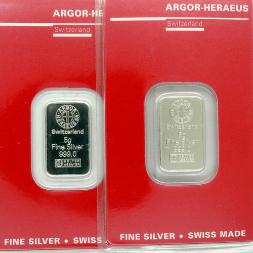 143 - Two 5g Silver Bullion Heraeus bars. P&P Group 1 (£14+VAT for the first lot and £1+VAT for subsequent... 