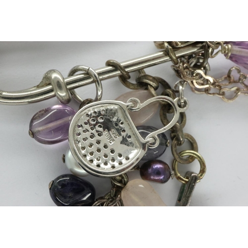 11 - Safety pin brooch with 925 silver and stone set charms, L: 80 mm. P&P Group 1 (£14+VAT for the first... 