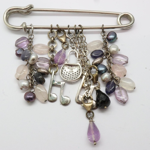 11 - Safety pin brooch with 925 silver and stone set charms, L: 80 mm. P&P Group 1 (£14+VAT for the first... 