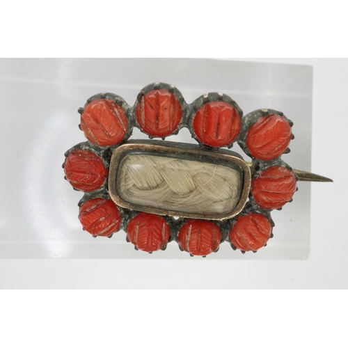 6 - Georgian era circa 1800 brooch with braided hair, glass panel to centre with carved coral border, 15... 