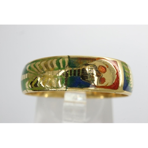 51 - High quality hallmarked 22ct gold and multi coloured enamel band to feature a full skeleton and wing... 