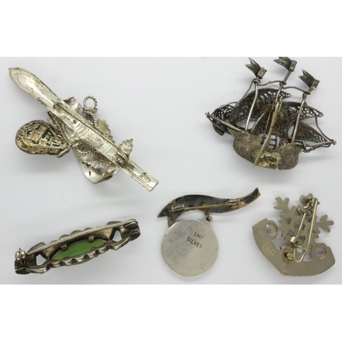 53 - Five mixed silver and white metal brooches, some silver, largest L: 60 mm. P&P Group 1 (£14+VAT for ... 