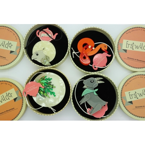 69 - Four boxed Erstwilder brooches: turtle, Jake the Snake, Billy the kid and botanical abode, largest H... 