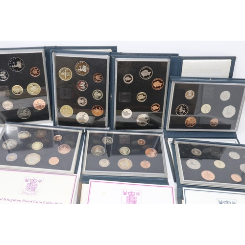 154 - Seven 1980s Royal Mint Proof Coin Collections within folders and with certificates. P&P Group 1 (£14... 
