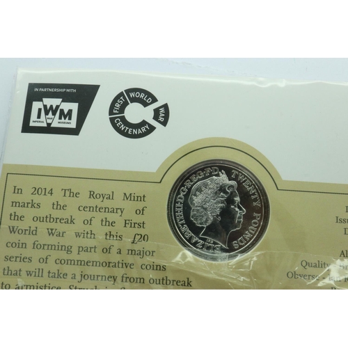 155 - 2014 silver bullion £20 coin, Outbreak of WWI centenary. P&P Group 1 (£14+VAT for the first lot and ... 