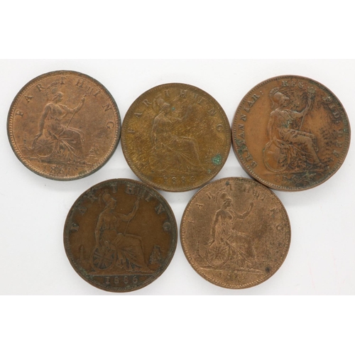 167 - Five farthings of Queen Victoria: 1853, 1861, 1875, 1884 and 1886. P&P Group 1 (£14+VAT for the firs... 
