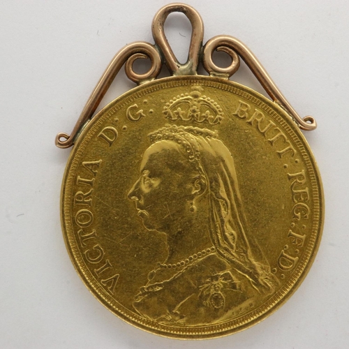 170 - 1887 gold £2 of Queen Victoria with soldered mount. P&P Group 0 (£5+VAT for the first lot and £1+VAT... 