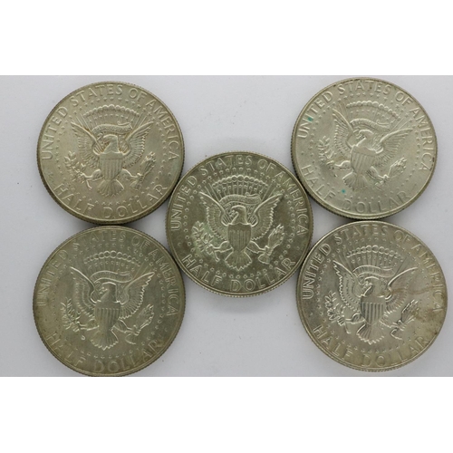 172 - Five American Kennedy silver half dollars, 1966, 1967 and 1969. P&P Group 1 (£14+VAT for the first l... 