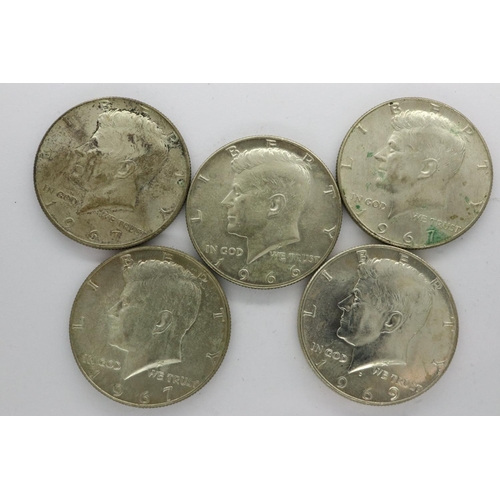 172 - Five American Kennedy silver half dollars, 1966, 1967 and 1969. P&P Group 1 (£14+VAT for the first l... 