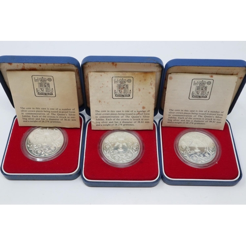 178 - Three silver proof 1977 Silver Jubilee crowns. P&P Group 1 (£14+VAT for the first lot and £1+VAT for... 