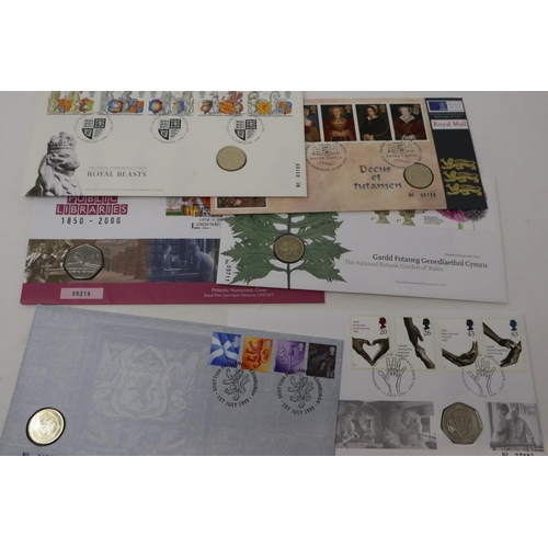 224 - Six numismatic philatelic covers, 50p and £1, including Royal Beasts, Public Libraries etc. P&P Grou... 