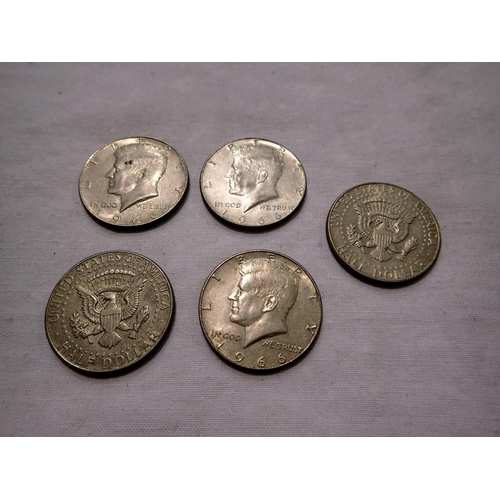 1126 - Five 1966 Kennedy silver half Dollars. P&P Group 1 (£14+VAT for the first lot and £1+VAT for subsequ... 