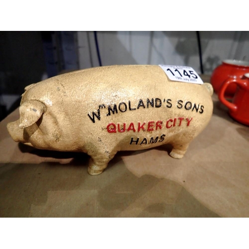 1145 - Cast iron W. Molands and Sons Quaker City Hams piggy bank, L: 20 cm. P&P Group 1 (£14+VAT for the fi... 