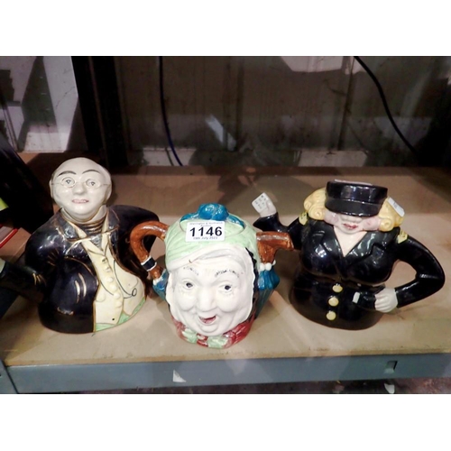 1146 - Carltonware traffic warden teapot and two Lingard Dickens examples. Not available for in-house P&P
