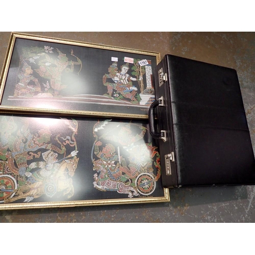 1167 - Two framed Thai silk pictures and a black leather briefcase. Not available for in-house P&P