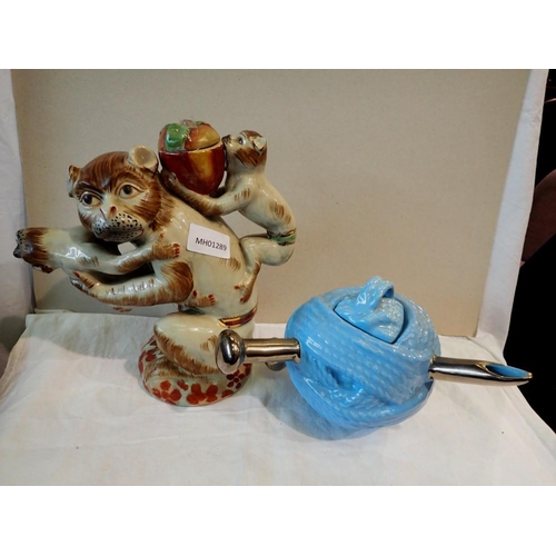 1254 - Stoneware Monkey teapot and a knitting needle example. Not available for in-house P&P