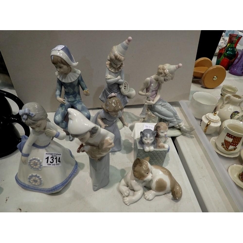 1314 - Mixed Lladro, Nao and other figurines, some with damages (8). Not available for in-house P&P