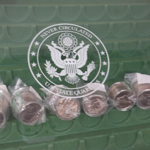 217 - Never Circulated U.S State Quarters collectors display case, 33 x 39 x 13 cm H, with six rolls of UN... 