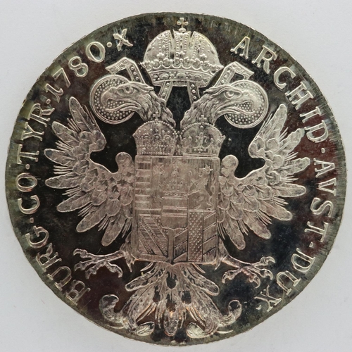 2310 - Austrian Mint restrike silver 1780 thaler of Maria Theresa in presentation folder. UK P&P Group 0 (£... 
