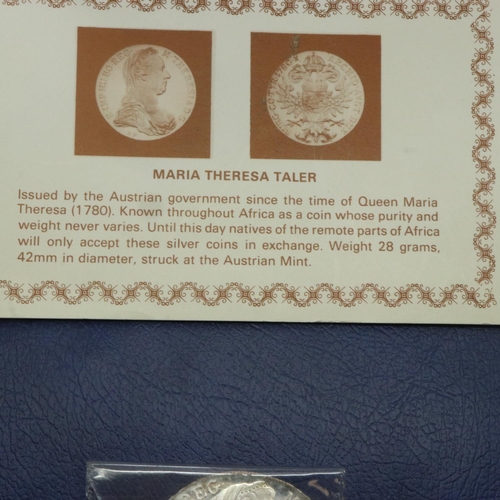 2310 - Austrian Mint restrike silver 1780 thaler of Maria Theresa in presentation folder. UK P&P Group 0 (£... 