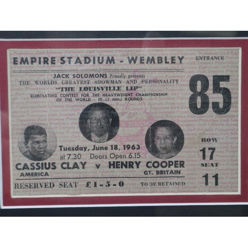 2112 - Framed ticket for Cassius Clay V Henry Cooper, June 1963. UK P&P Group 1 (£16+VAT for the first lot ... 