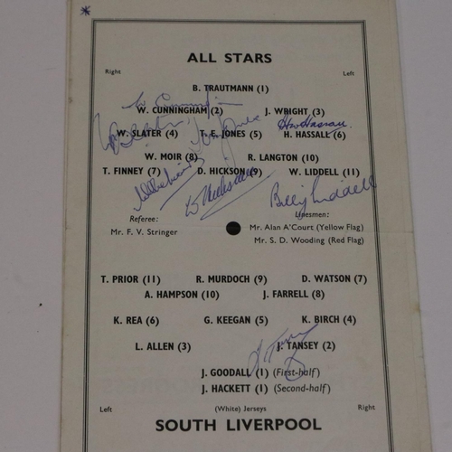 2141 - Signed programmes Billy Liddell international all stars vs south Liverpool April 1965 sigs includes ... 