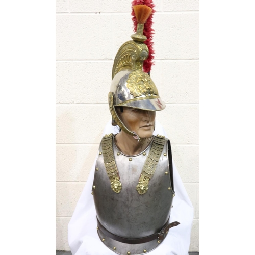 2302 - A Belgian 1842 model cuirassier helmet, with plumes, polished steel shell and pressed brass mounts, ... 